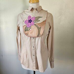 Vintage H&E Outfit Tan Purple Satin Floral Bib Pearl Snap Wester Shirt Size 10/M